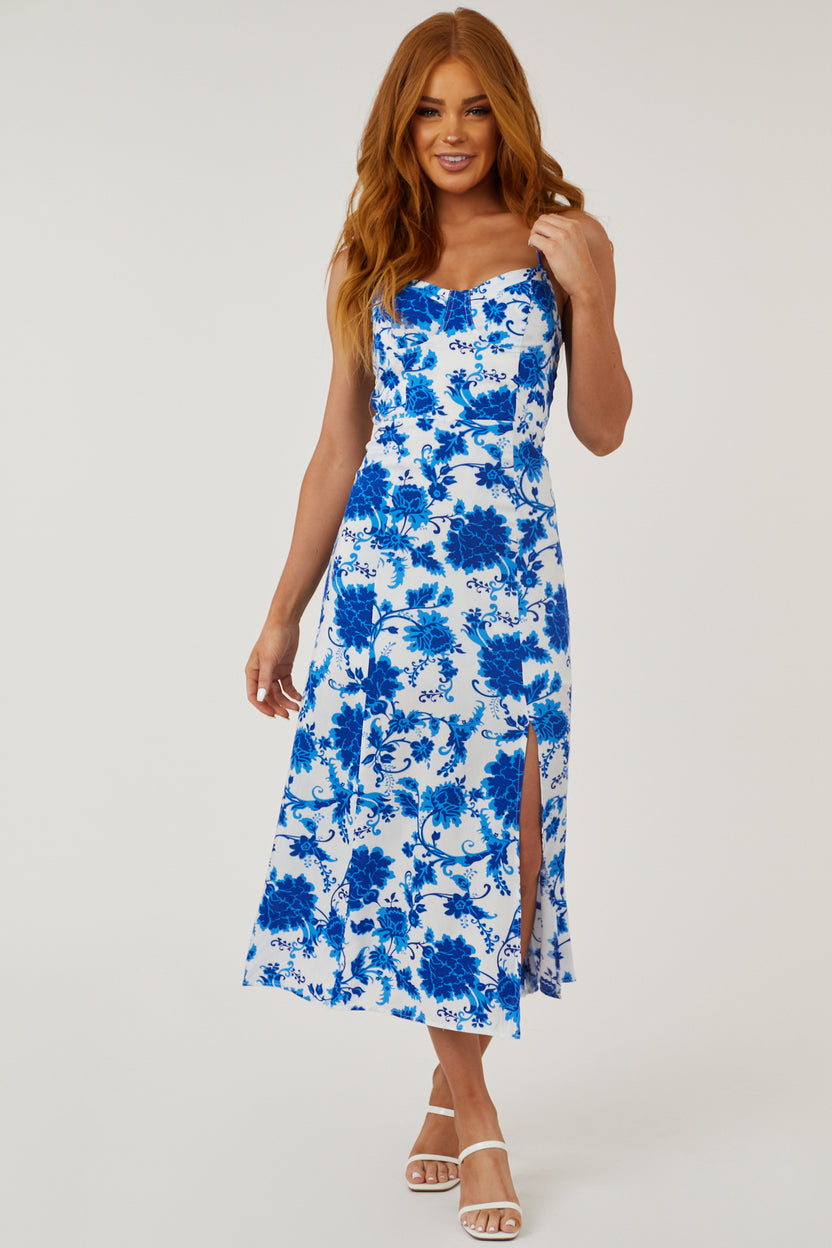 Cobalt and Ivory Floral Sleeveless Side Slit Midi Dress