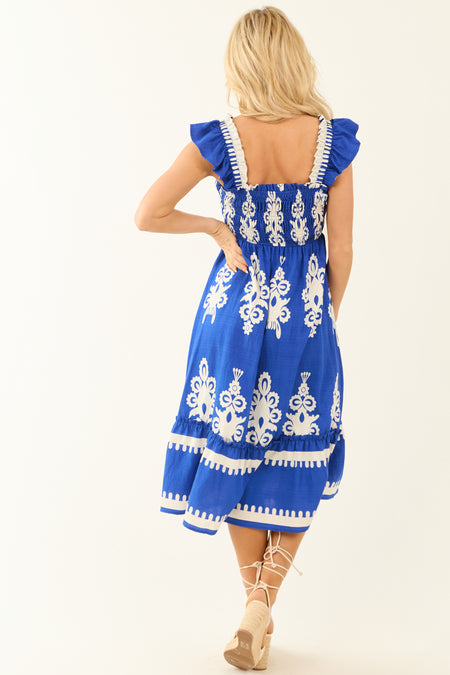 Cobalt and White Abstract Print Smocked Midi Sun Dress