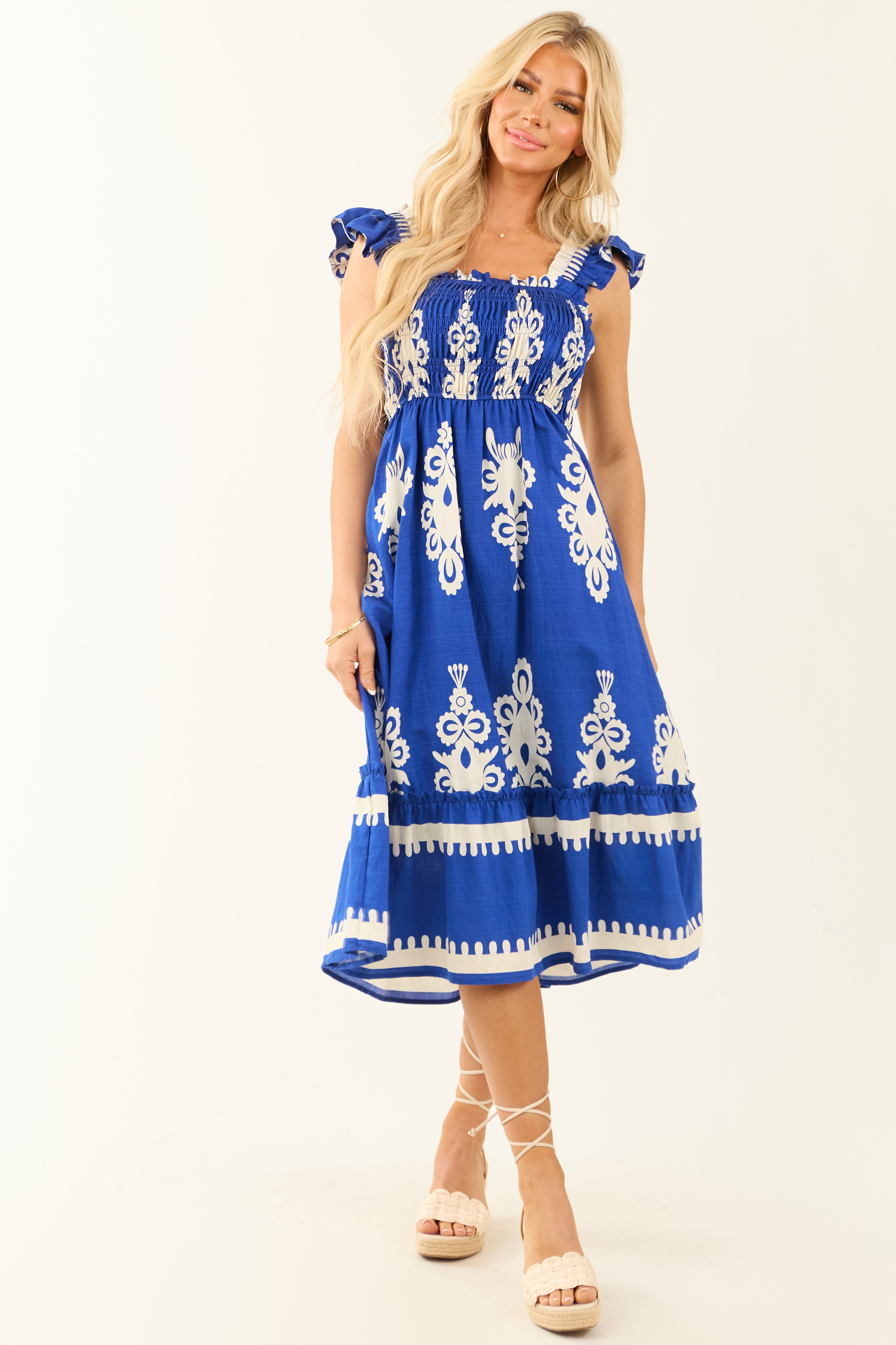 Cobalt and White Abstract Print Smocked Midi Sun Dress