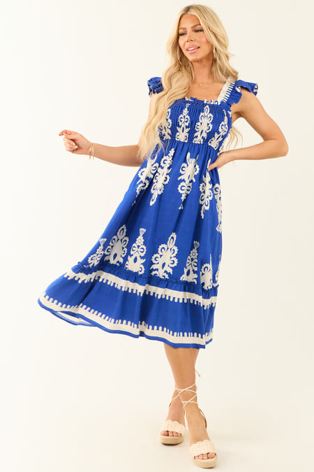 Cobalt and White Abstract Print Smocked Midi Sun Dress