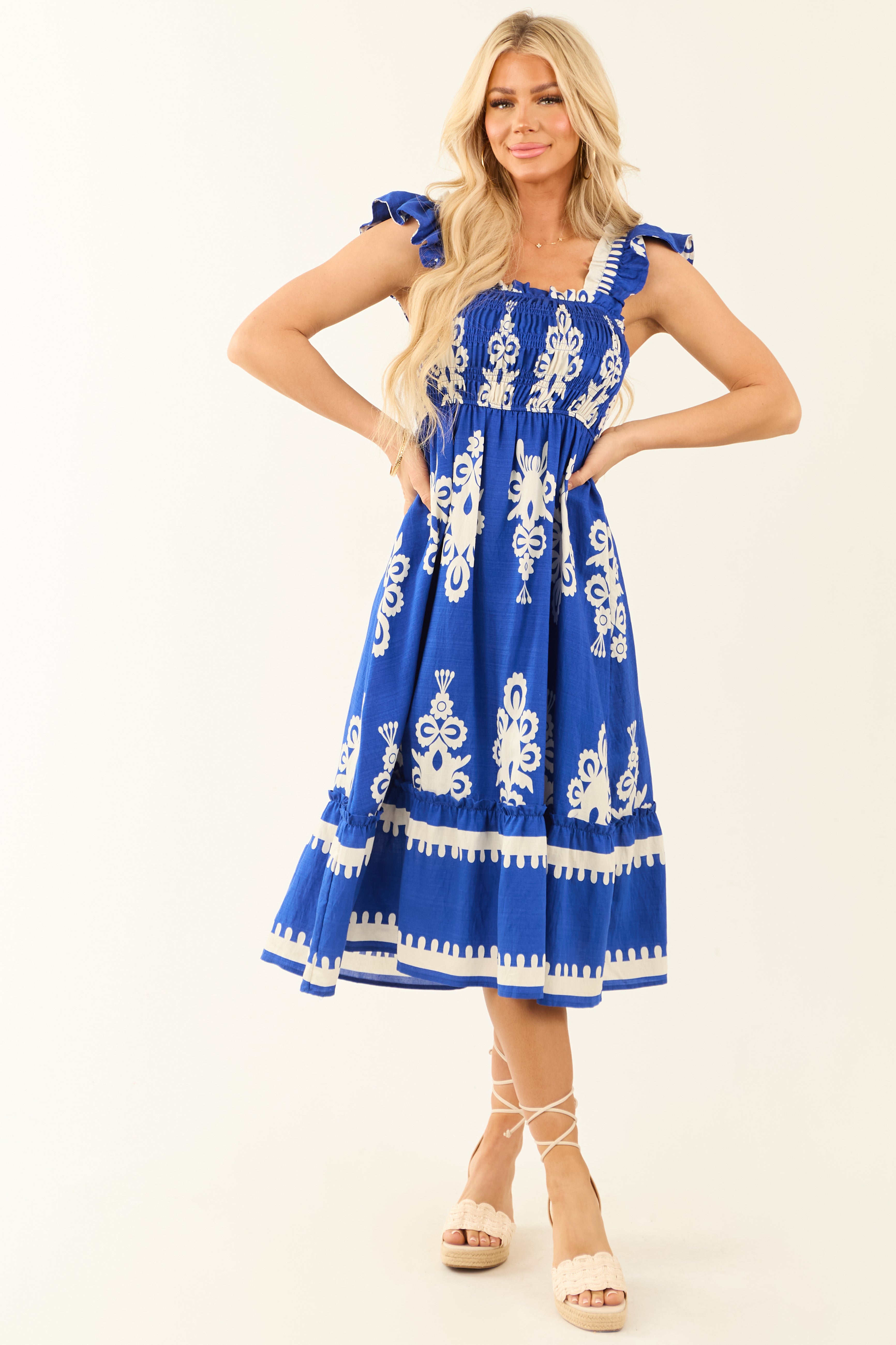 Cobalt and White Abstract Print Smocked Midi Sun Dress