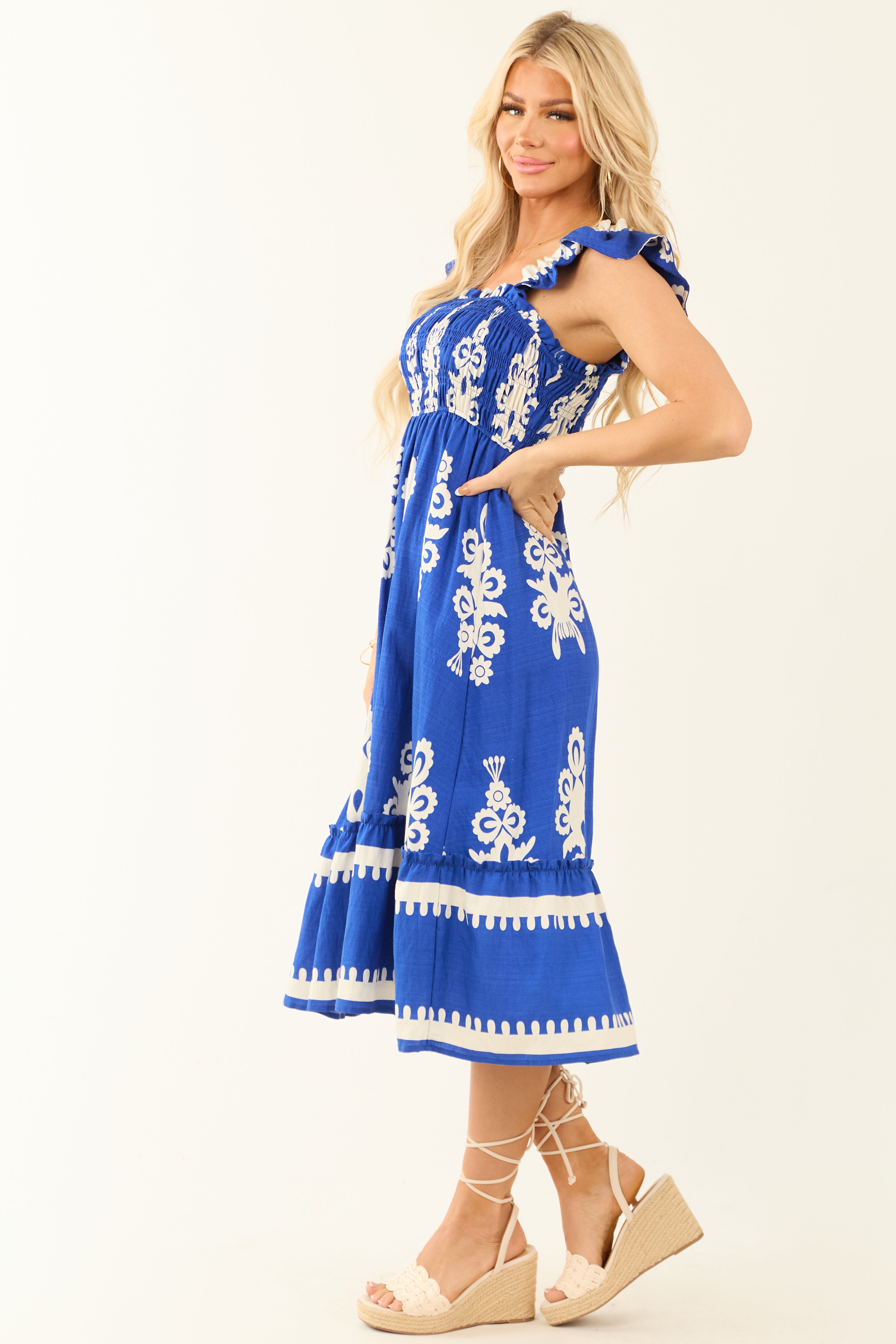 Cobalt and White Abstract Print Smocked Midi Sun Dress