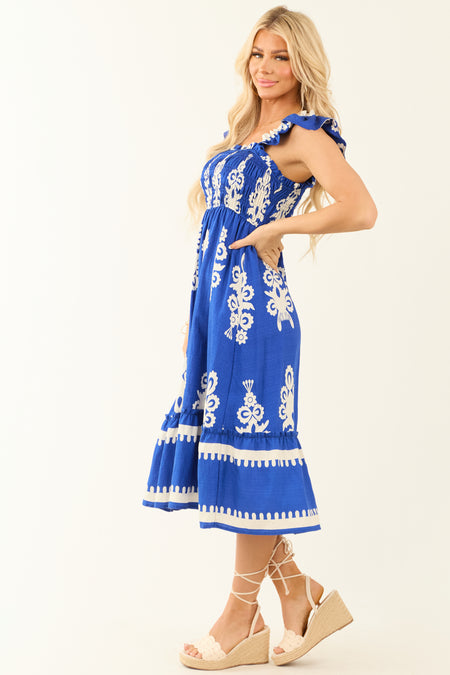 Cobalt and White Abstract Print Smocked Midi Sun Dress