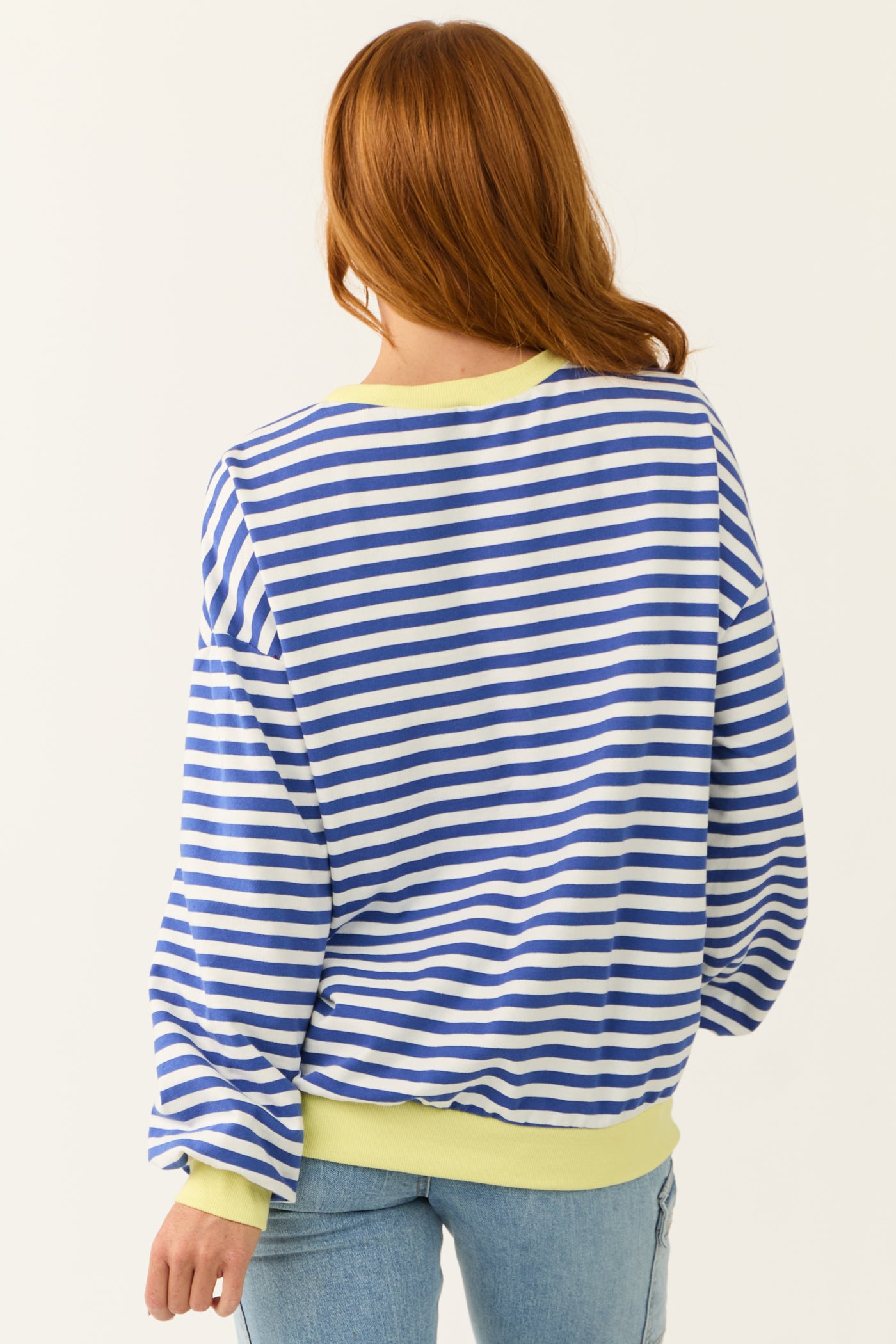 Cobalt and White Striped Contrast Trim Knit Top