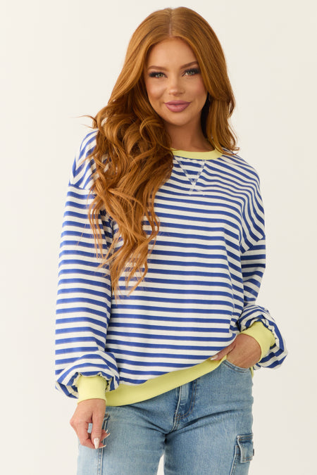 Cobalt and White Striped Contrast Trim Knit Top