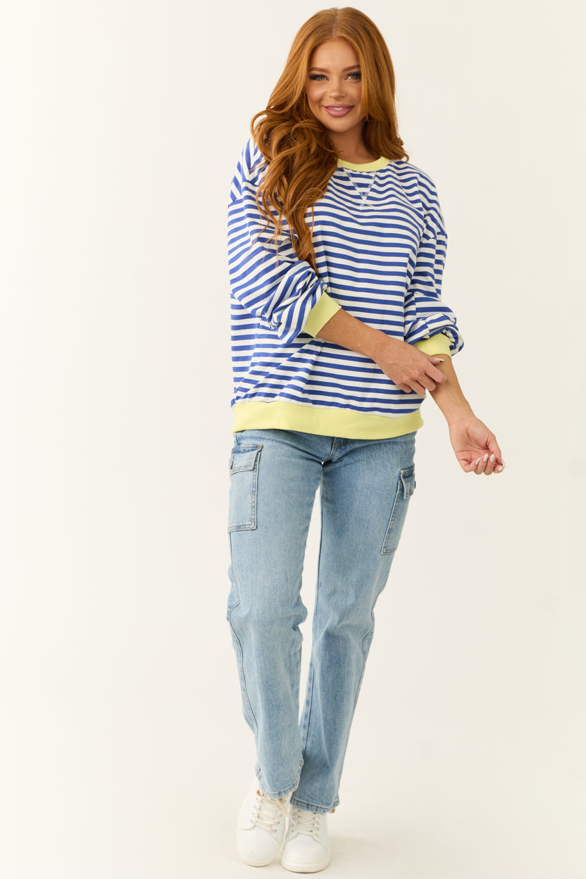 Cobalt and White Striped Contrast Trim Knit Top