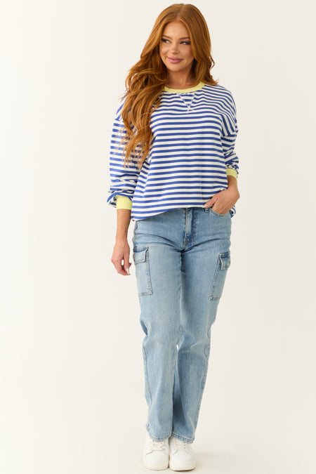 Cobalt and White Striped Contrast Trim Knit Top