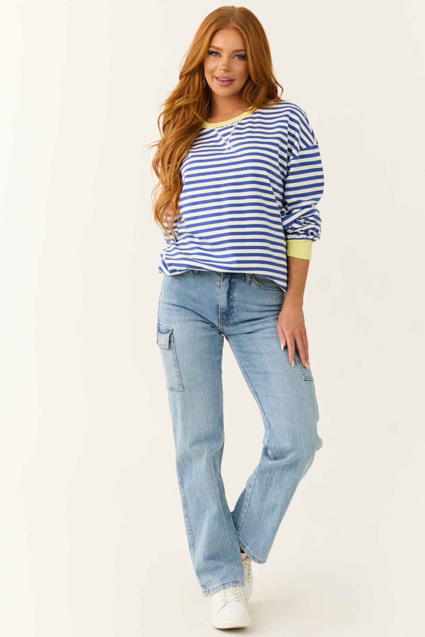 Cobalt and White Striped Contrast Trim Knit Top