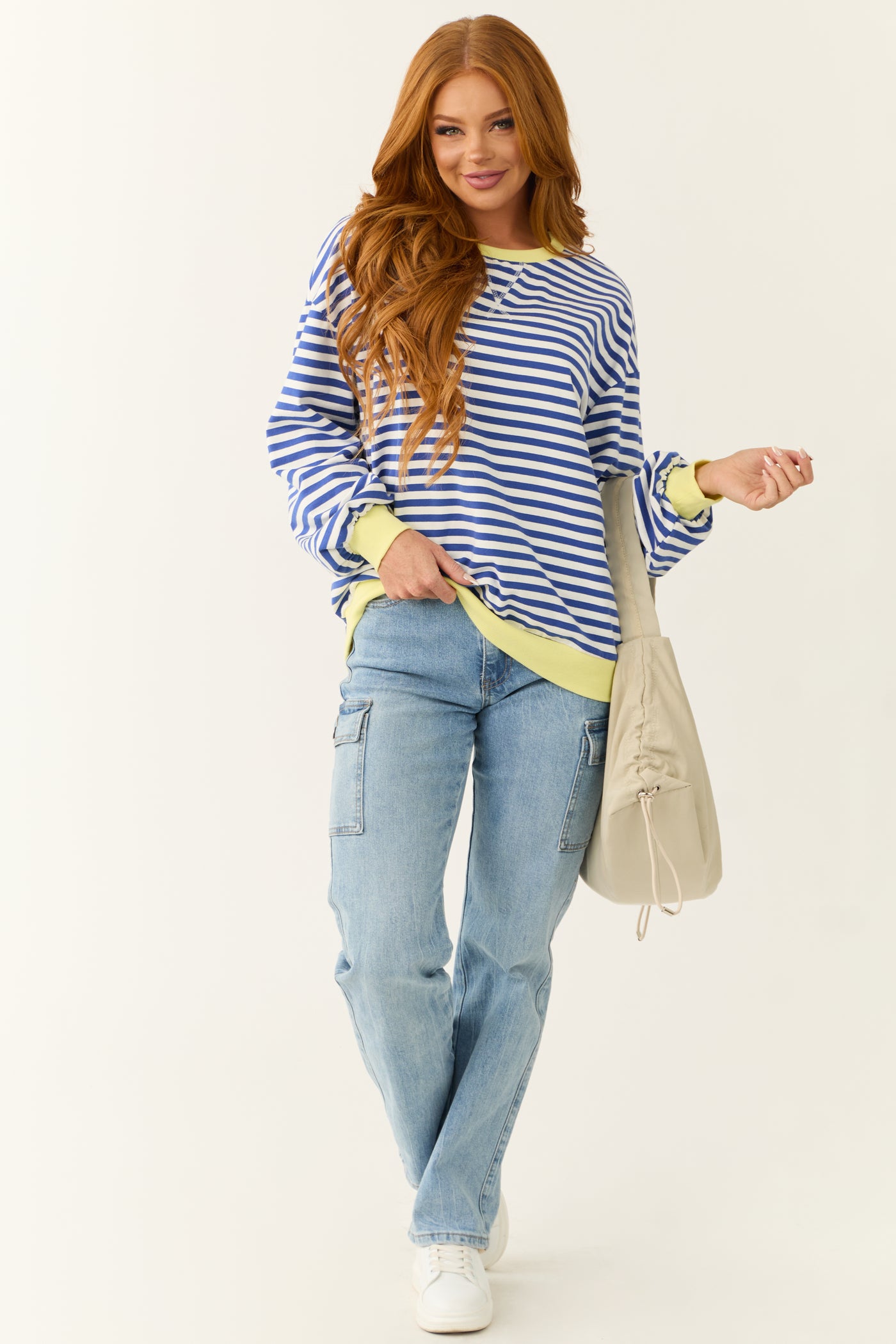 Cobalt and White Striped Contrast Trim Knit Top