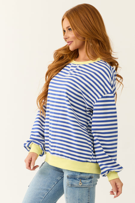 Cobalt and White Striped Contrast Trim Knit Top