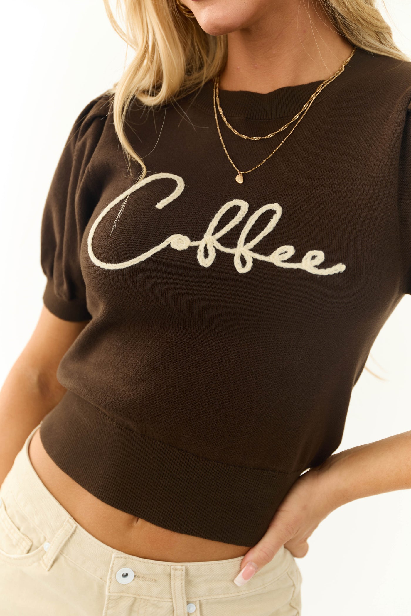 Cocoa 'Coffee' Embroidered Short Sleeve Sweater