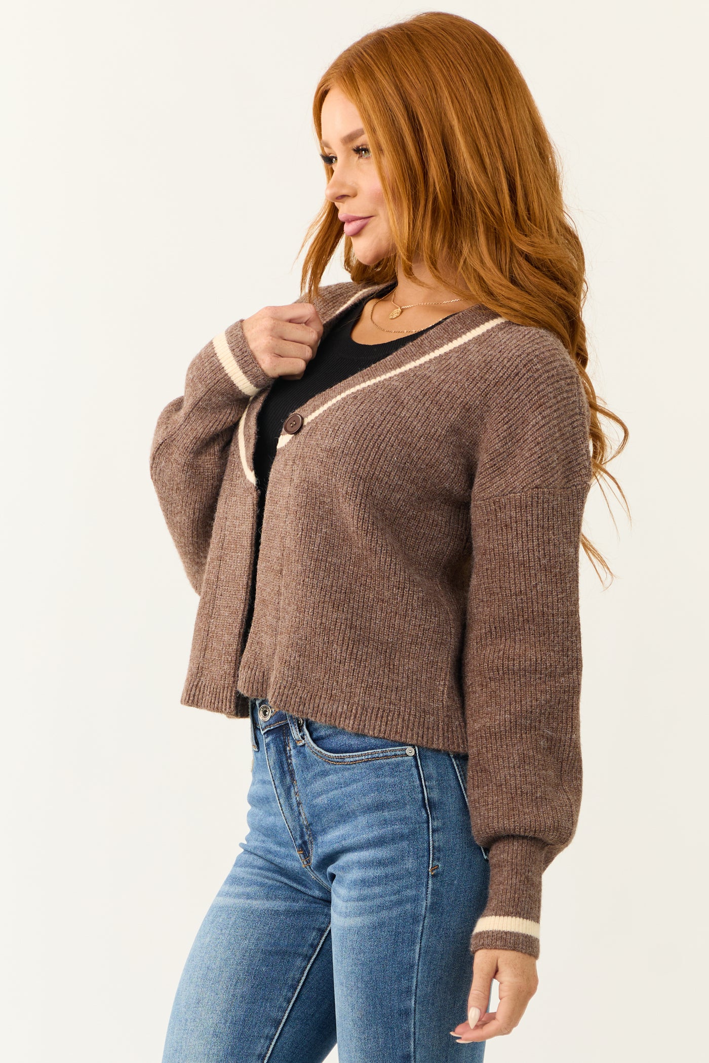 Cocoa Deep V Neck Button Closure Cardigan