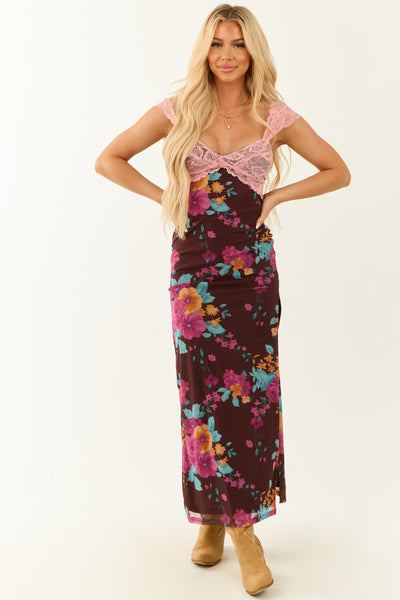 Cocoa Floral Print Mesh Lace Bust Maxi Dress