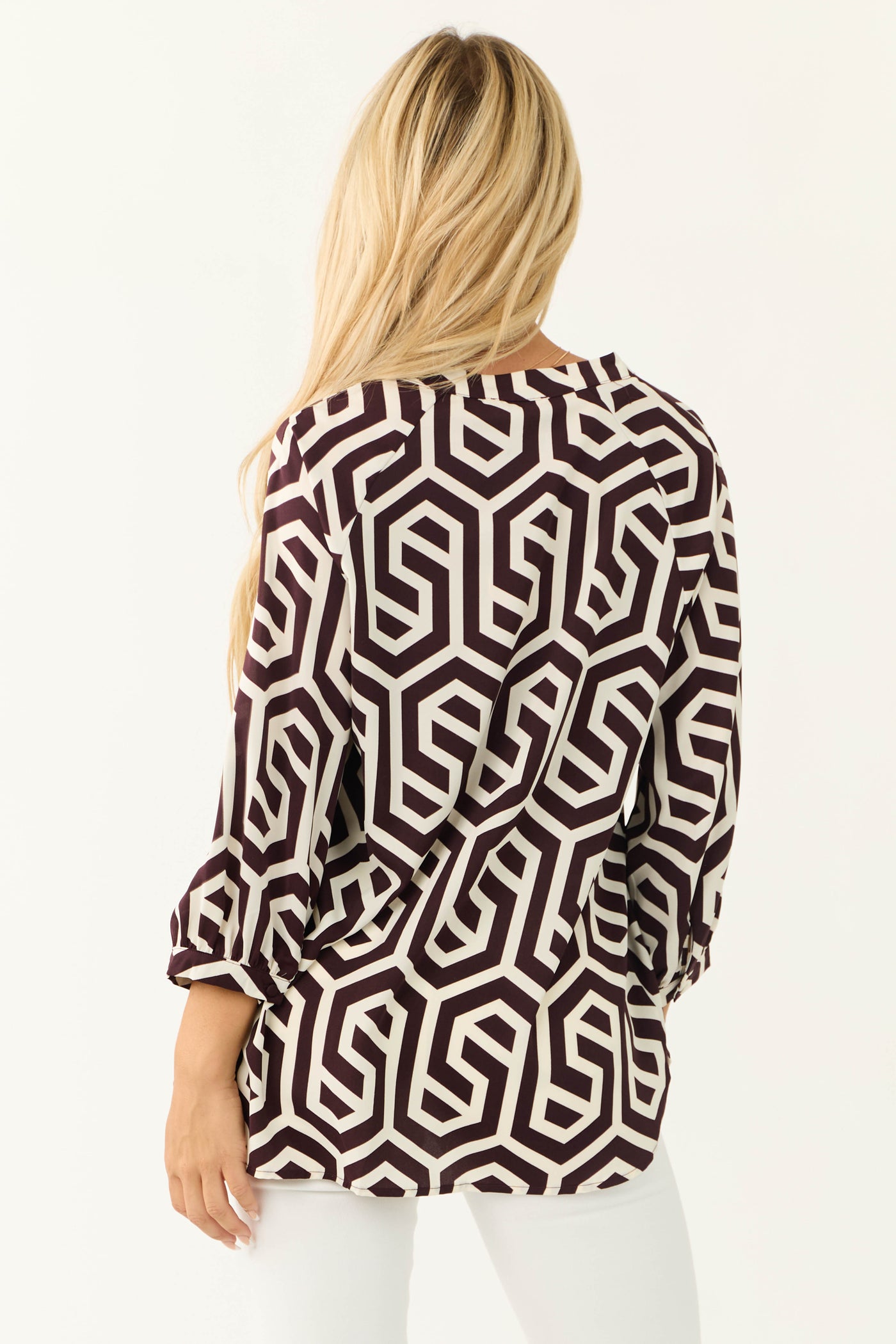 Cocoa Geometric Print Button Up Blouse