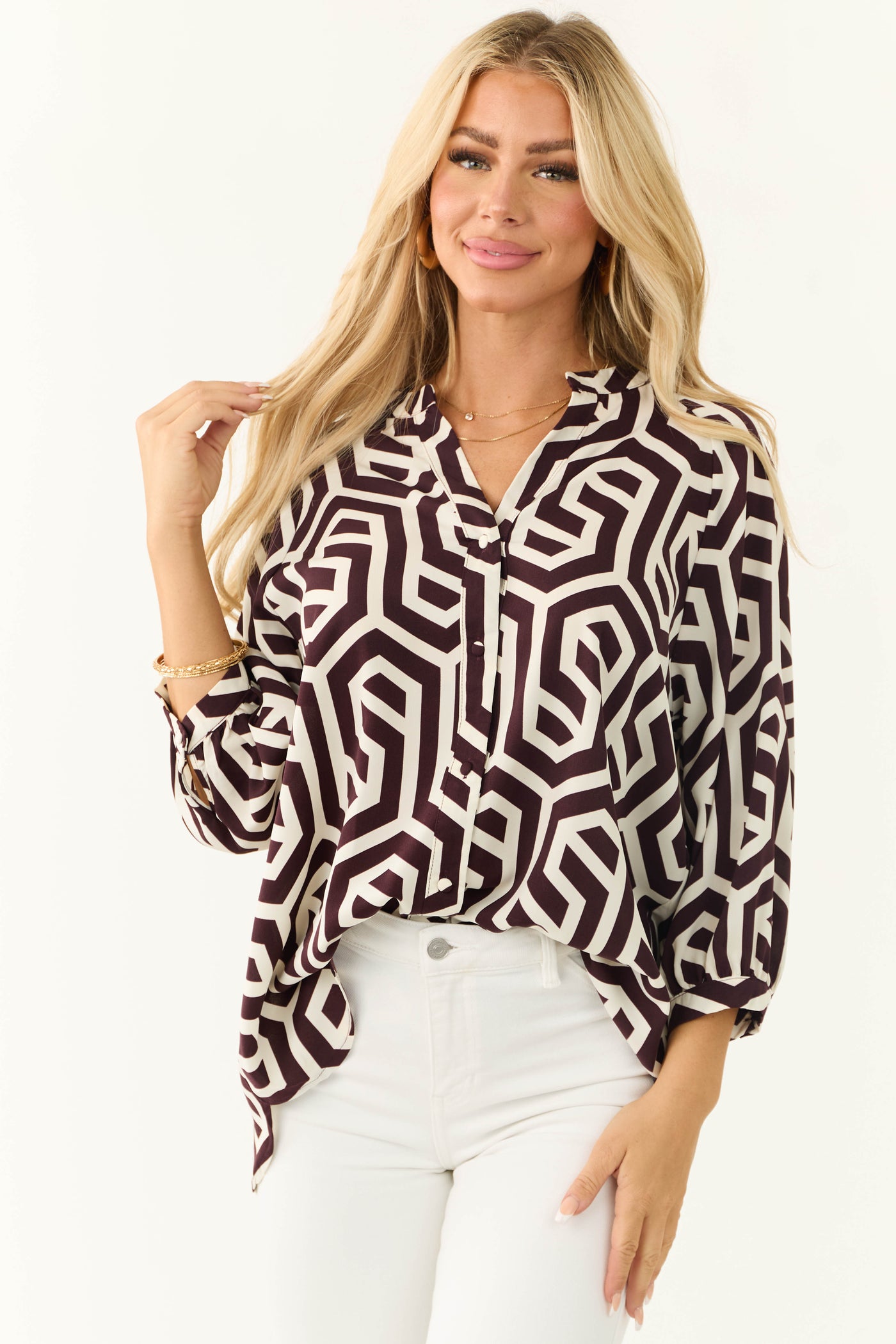 Cocoa Geometric Print Button Up Blouse