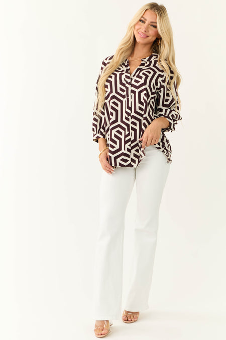 Cocoa Geometric Print Button Up Blouse