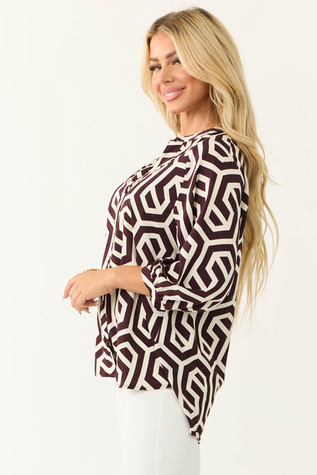 Cocoa Geometric Print Button Up Blouse