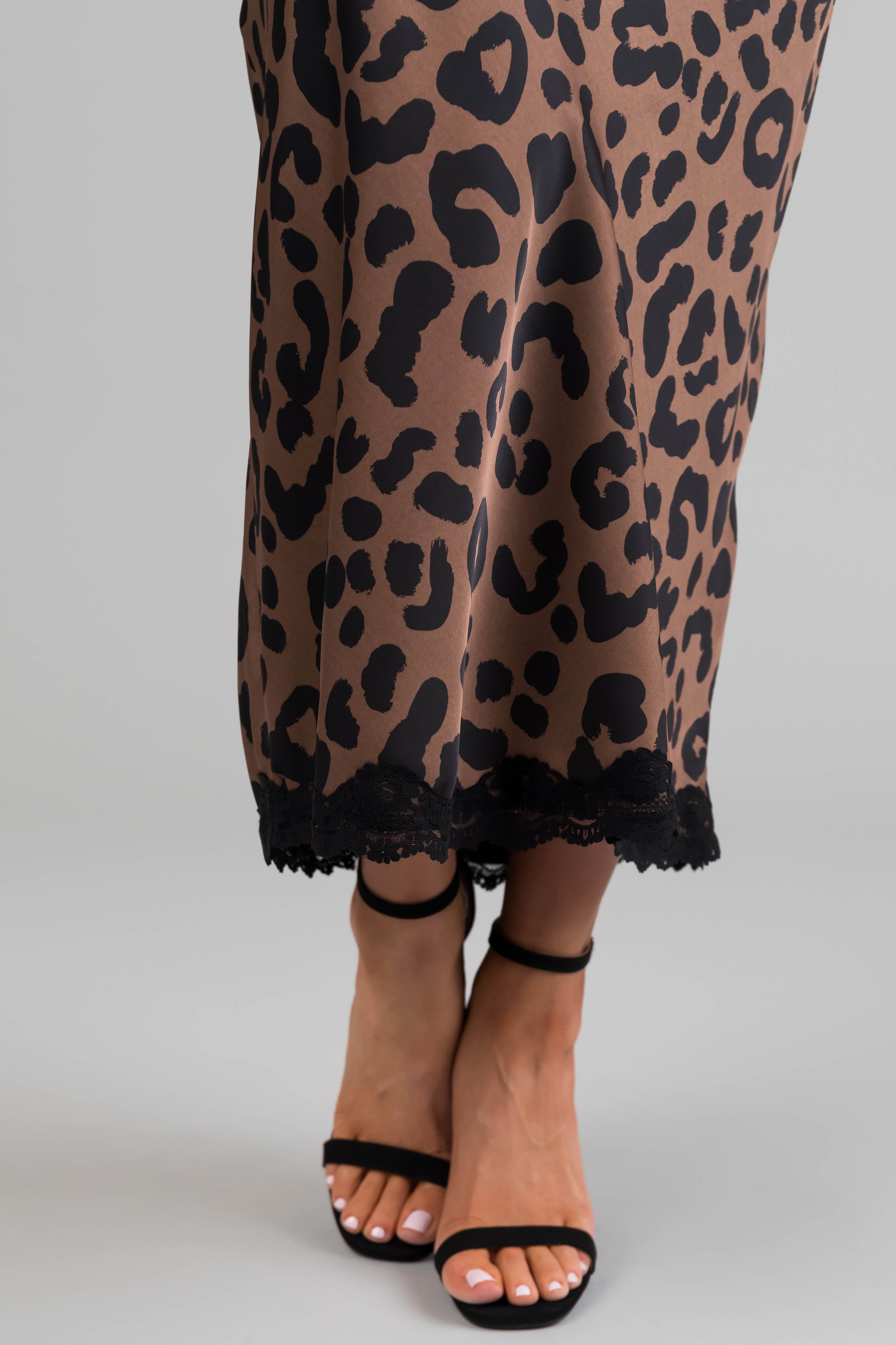 Cocoa Leopard Print Lace Trim Satin Midi Skirt