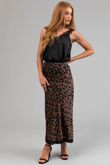 Cocoa Leopard Print Lace Trim Satin Midi Skirt