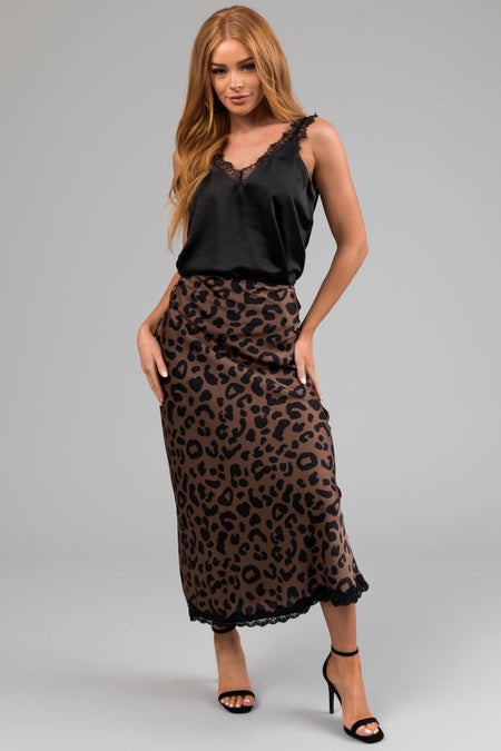 Cocoa Leopard Print Lace Trim Satin Midi Skirt