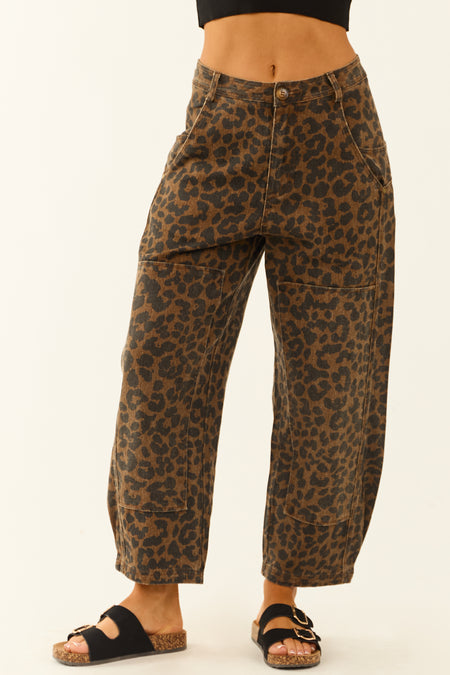 Cocoa Leopard Denim Mid Rise Barrel Jeans