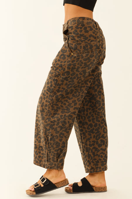 Cocoa Leopard Denim Mid Rise Barrel Jeans