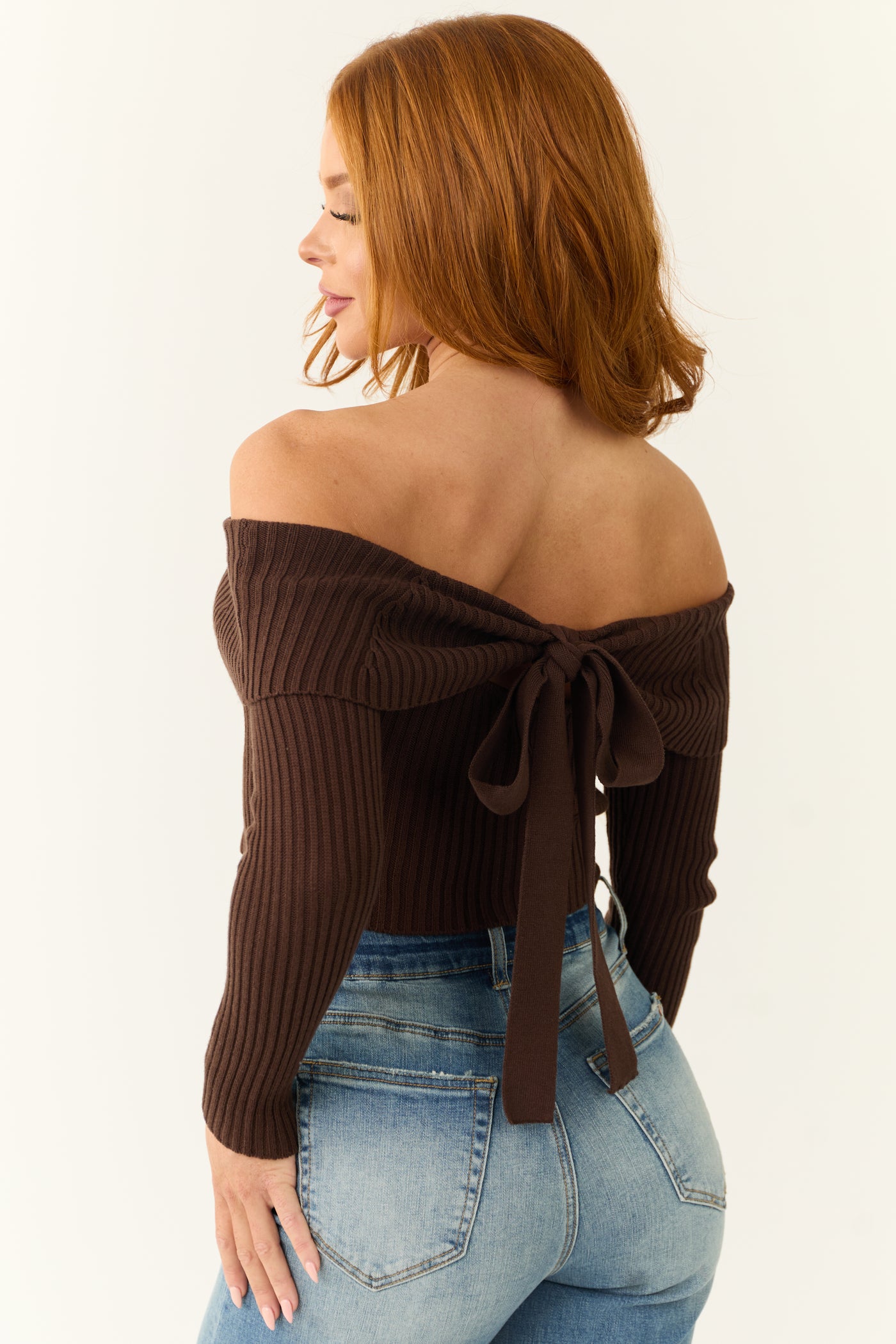 Cocoa Off Shoulder Ribbed Knit Sweater Top