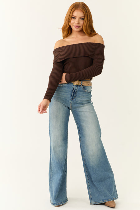 Cocoa Off Shoulder Ribbed Knit Sweater Top