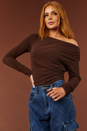 Cocoa Off Shoulder Ruched Side Long Sleeve Top