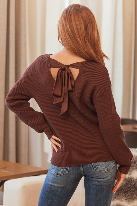 Cocoa V Neck Back Tie Puff Long Sleeve Sweater