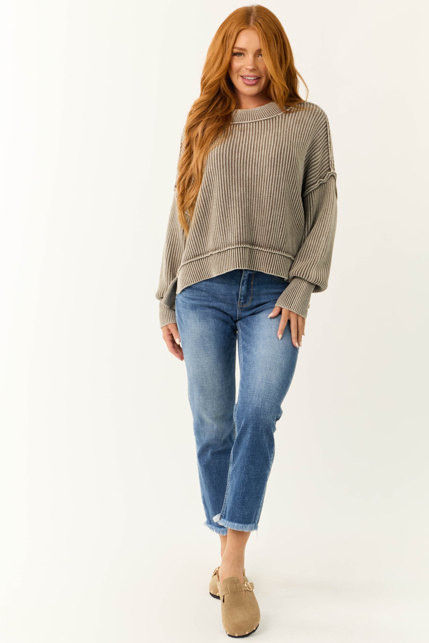 Cocoa Washed Long Sleeve Knit Sweater