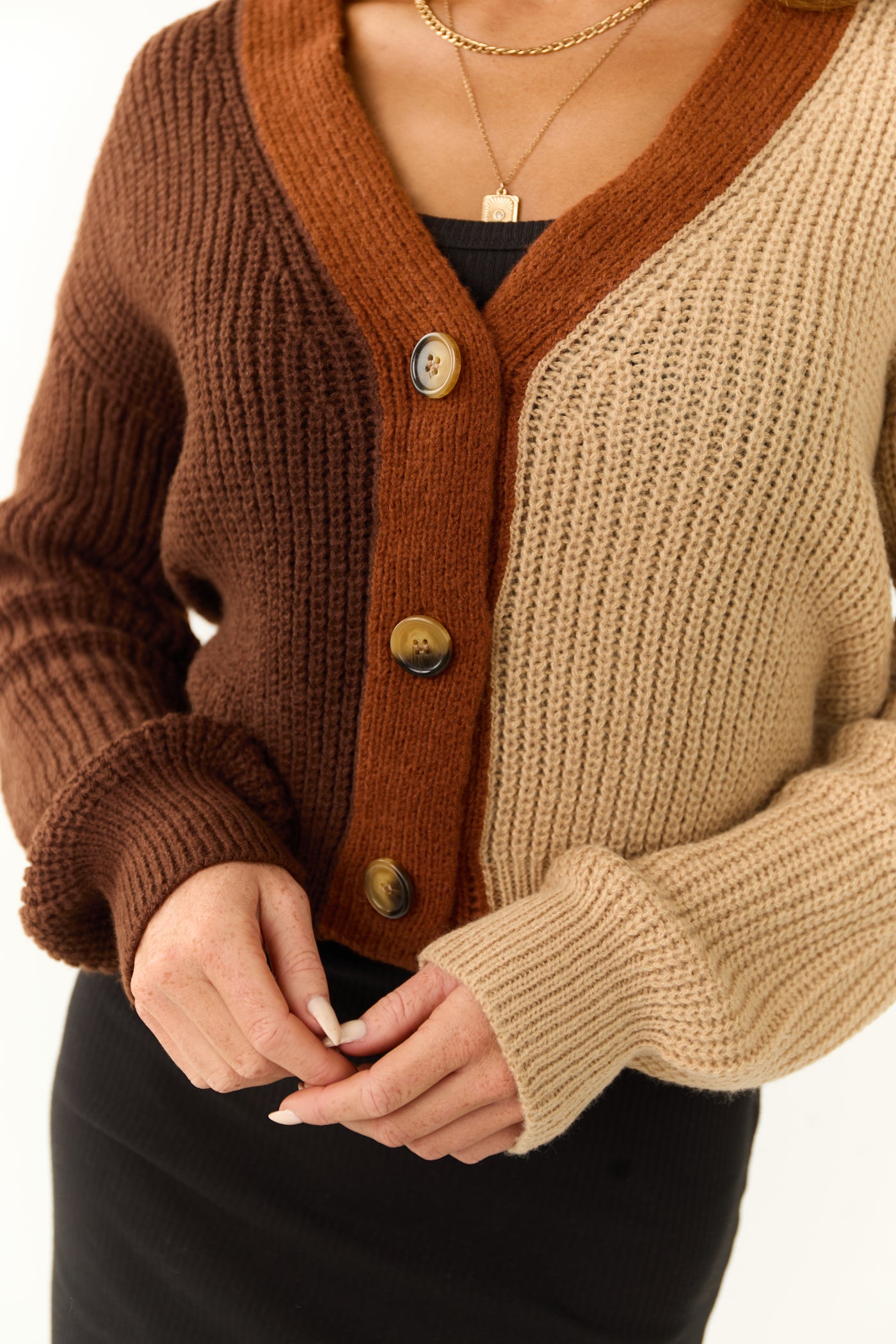 Cocoa and Camel Colorblock Button Up Cardigan