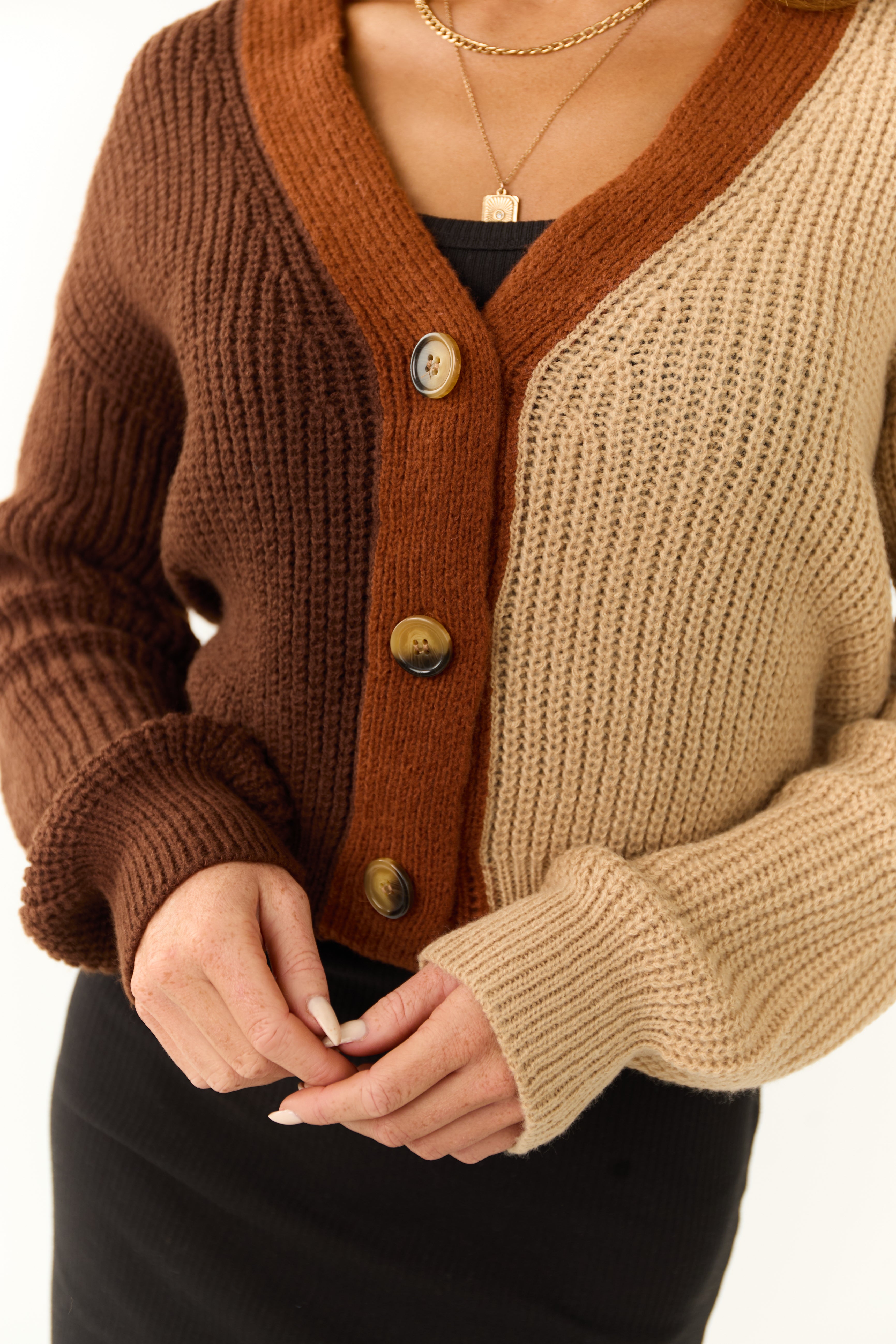 Cocoa and Camel Colorblock Button Up Cardigan