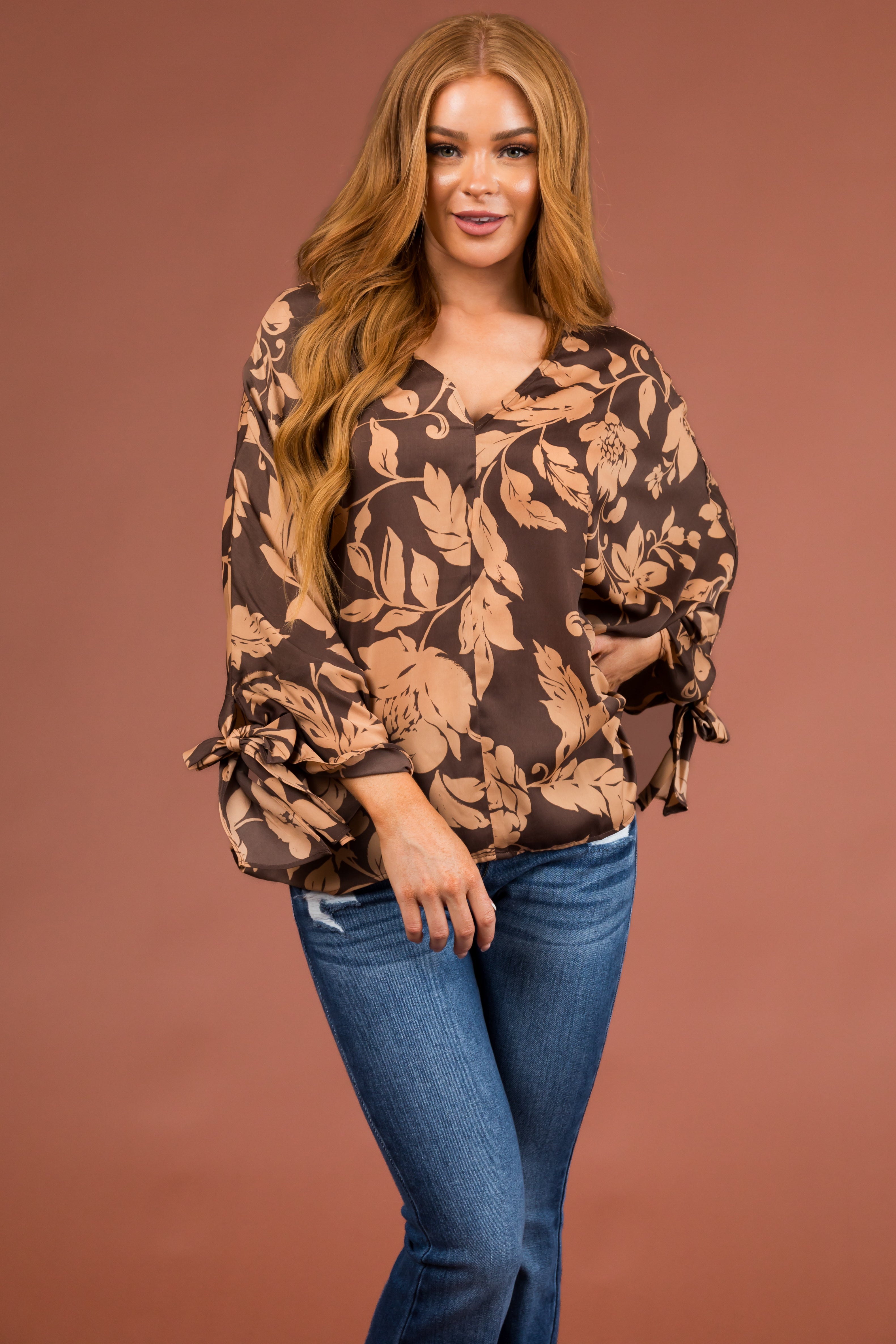 Cocoa and Latte Floral Dolman Sleeve Satin Top | Lime Lush
