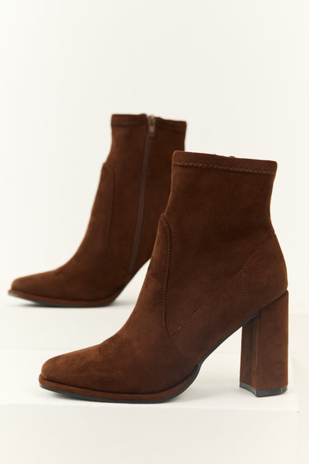 Cocoa Chunky Square Heel Faux Suede Booties