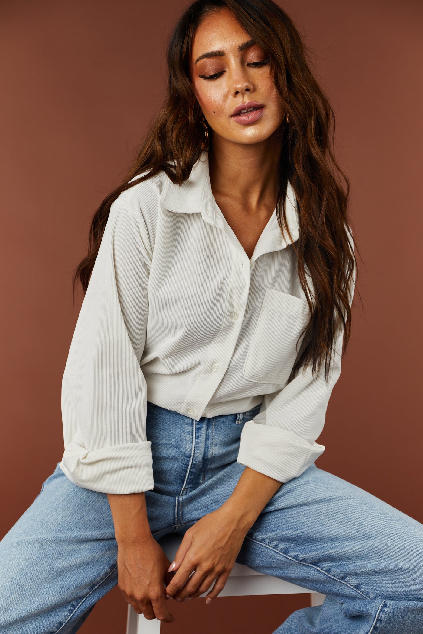 Coconut Corduroy Button Down Collared Blouse