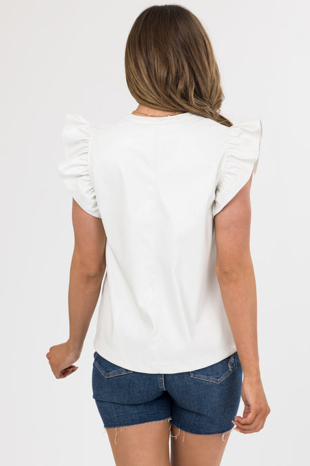 Coconut Faux Leather Ruffle Shoulder Blouse