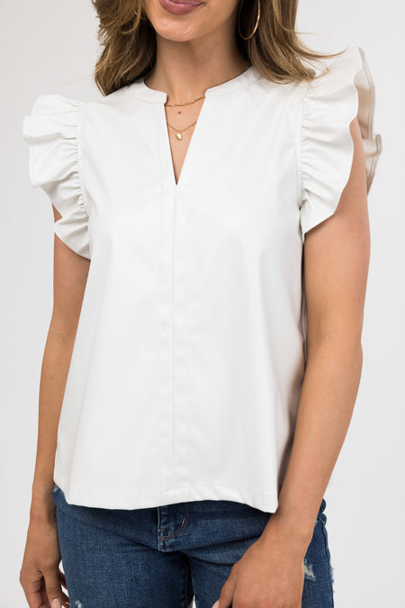 Coconut Faux Leather Ruffle Shoulder Blouse