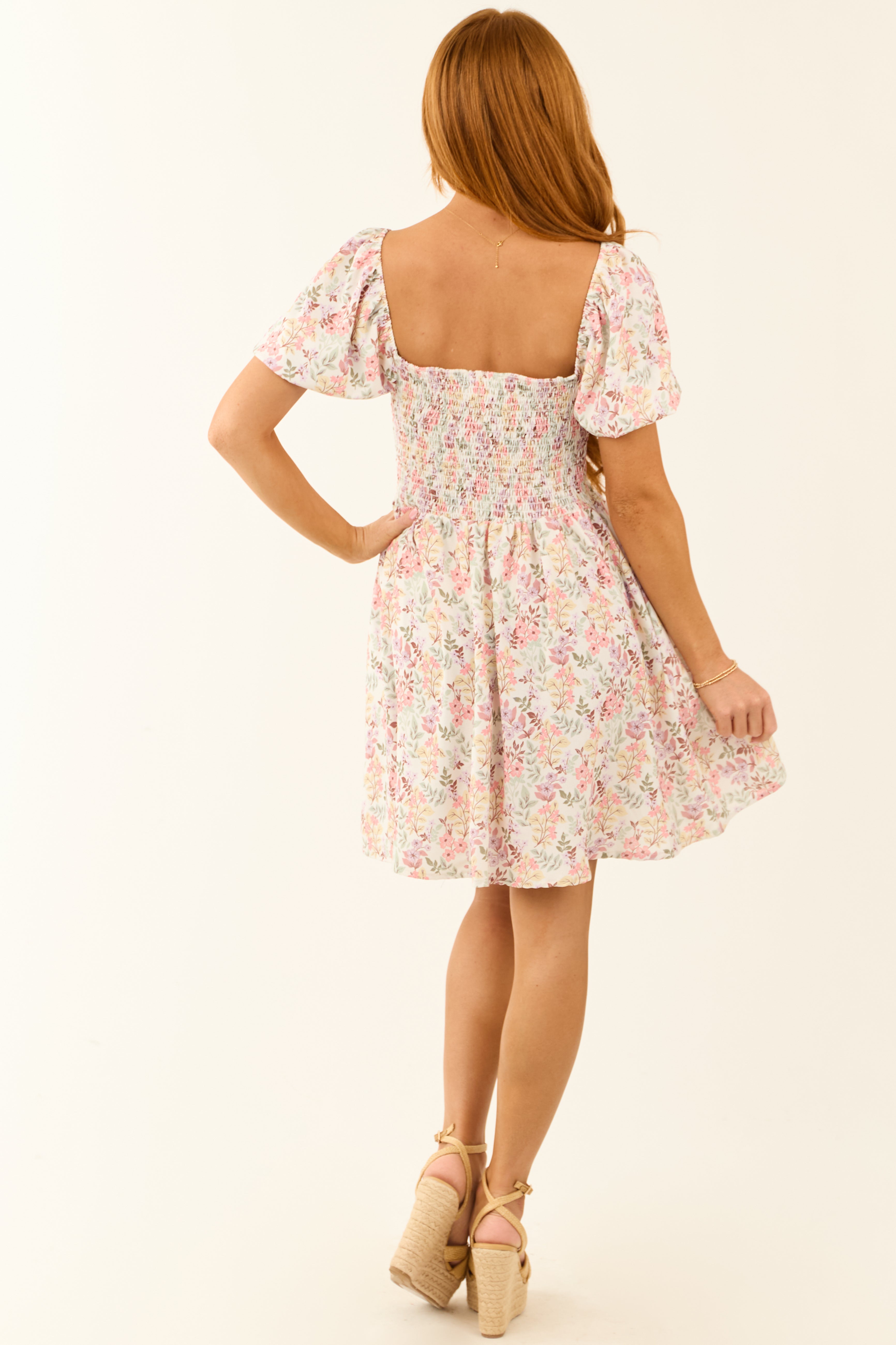 Coconut Floral Print Sweetheart Neckline Short Dress