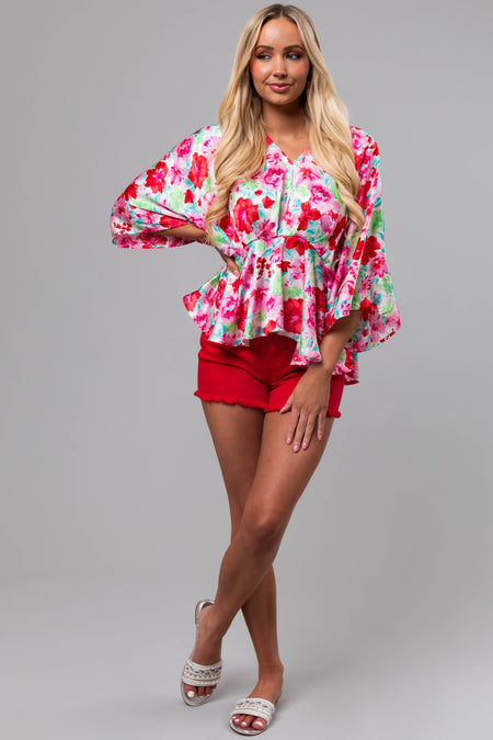 Coconut Floral Print V Neck Kimono Sleeve Top