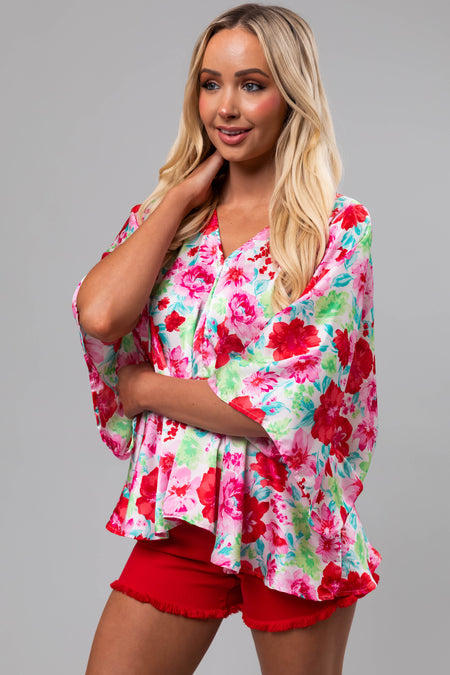 Coconut Floral Print V Neck Kimono Sleeve Top