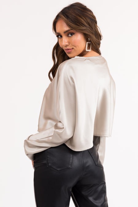 Coconut Long Sleeve Shiny Satin Cropped Blouse