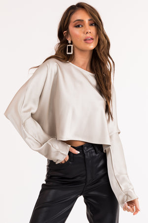 Coconut Long Sleeve Shiny Satin Cropped Blouse