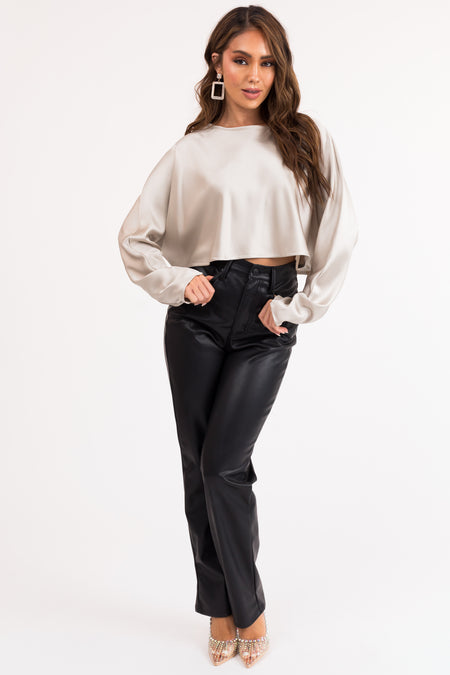 Coconut Long Sleeve Shiny Satin Cropped Blouse