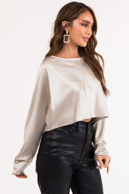 Coconut Long Sleeve Shiny Satin Cropped Blouse