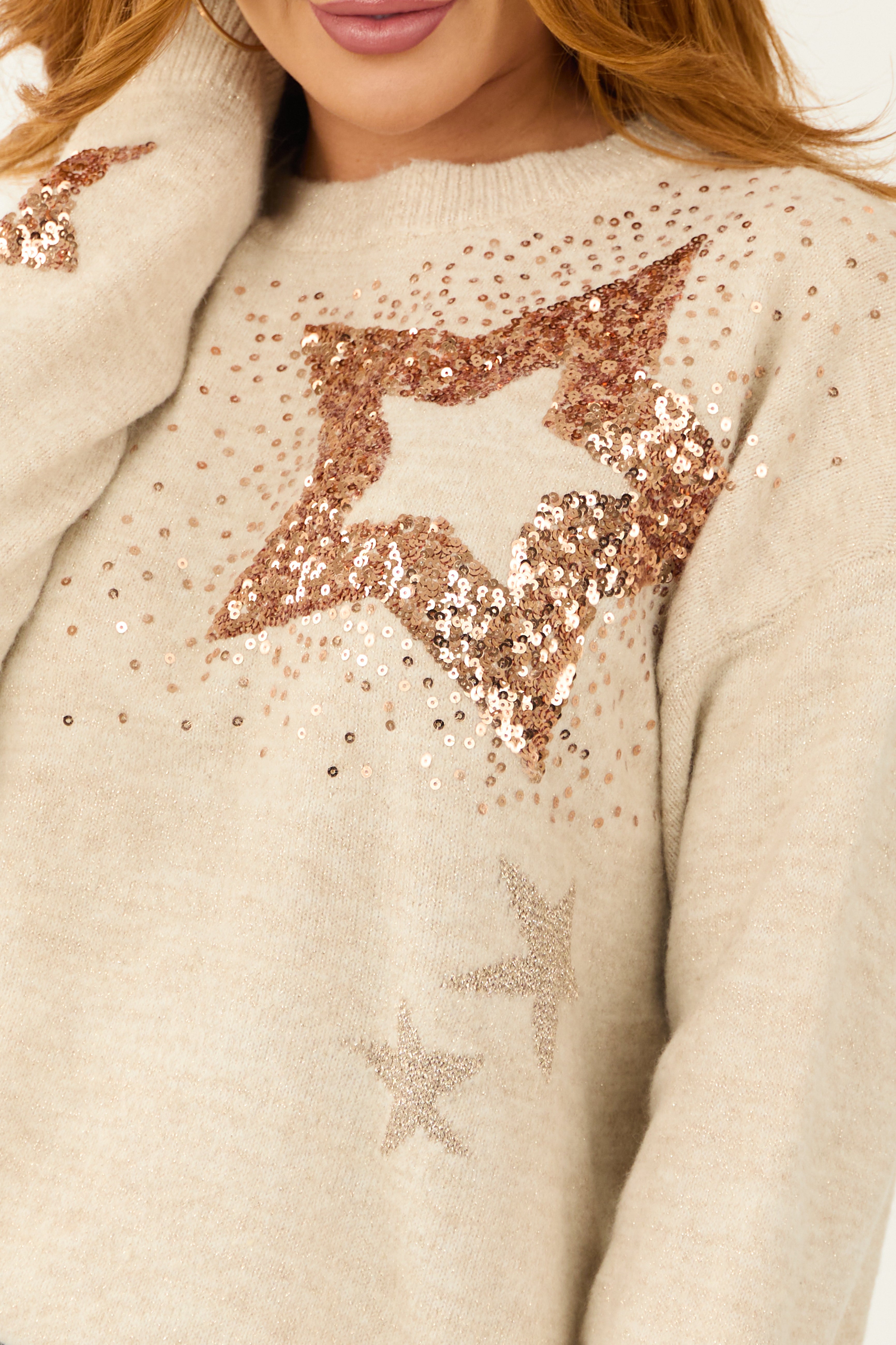 Coconut Sequin Star Long Sleeve Crew Neck Sweater