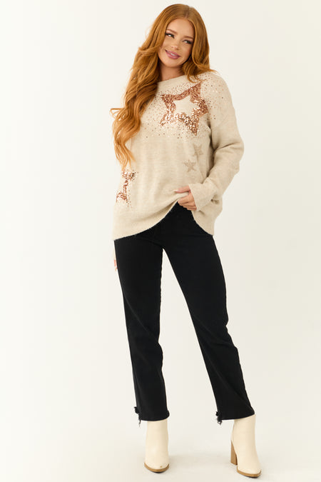 Coconut Sequin Star Long Sleeve Crew Neck Sweater