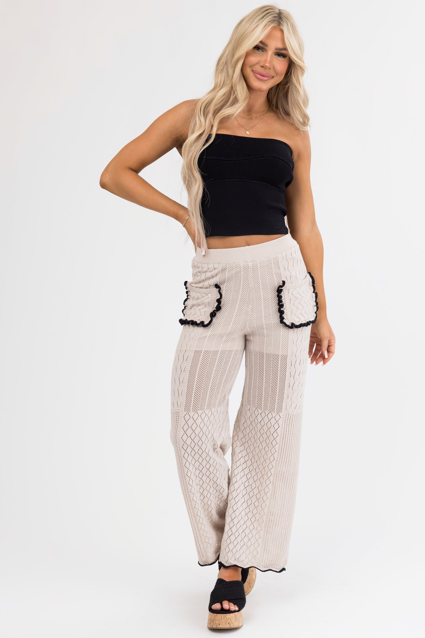 Coconut Textured Straight Leg Pants with Contrast Trim