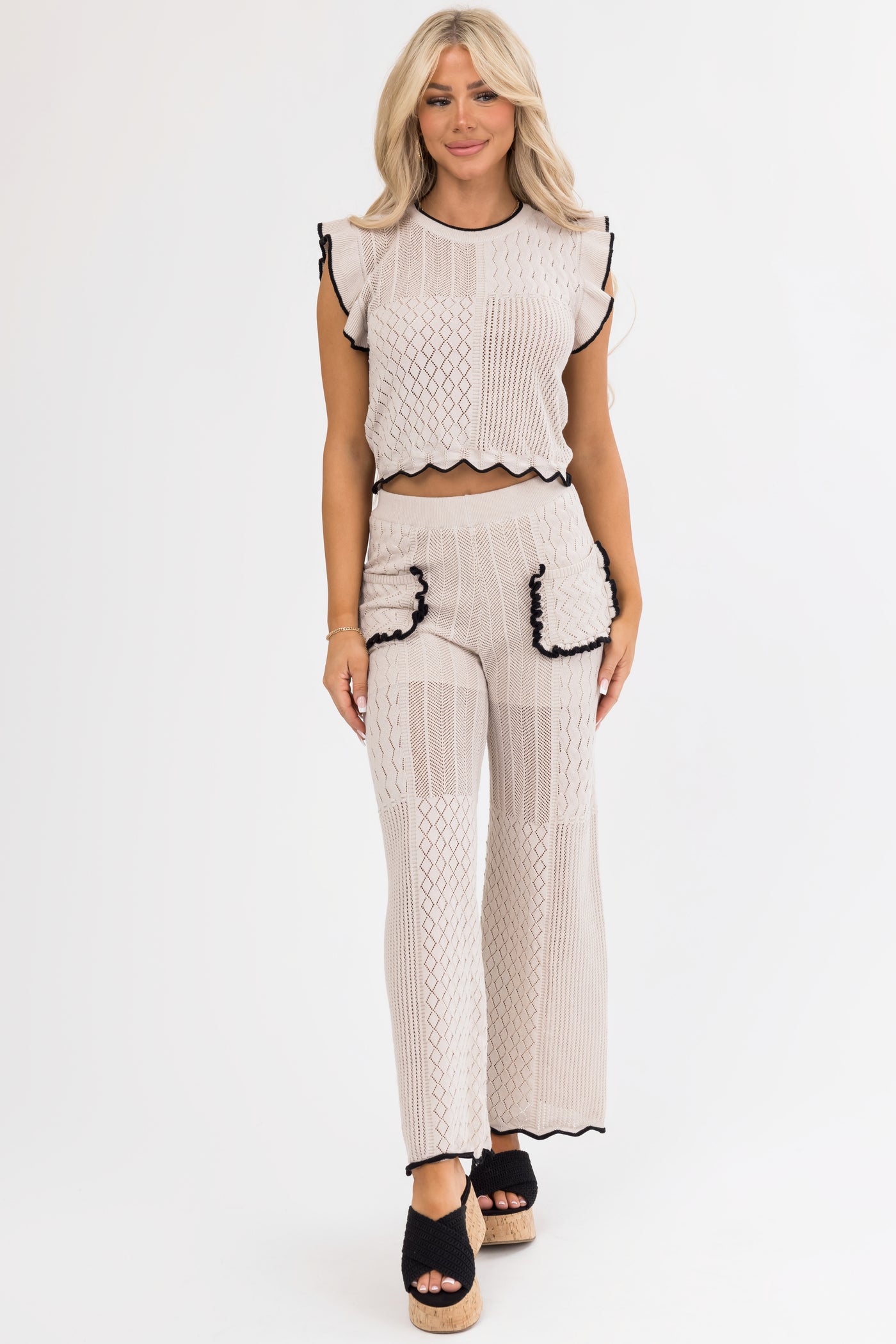 Coconut Textured Straight Leg Pants with Contrast Trim