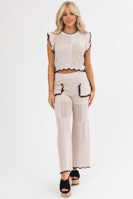 Coconut Textured Straight Leg Pants with Contrast Trim